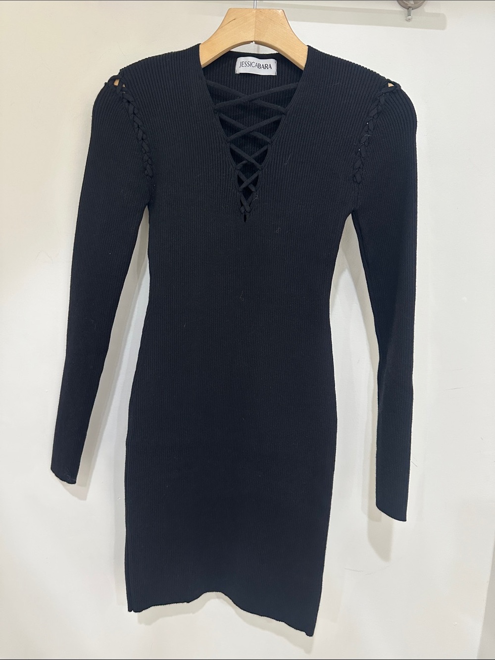 JESSICABARA Black Ribbed Lace-Up Long Sleeve Mini Dress